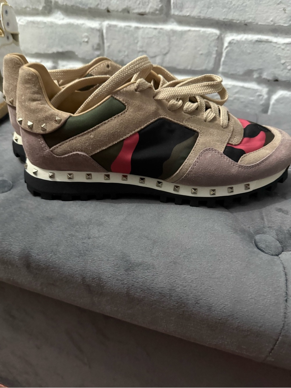 Valentino Women's Beige Suede Camouflage Runner with Pink Accents